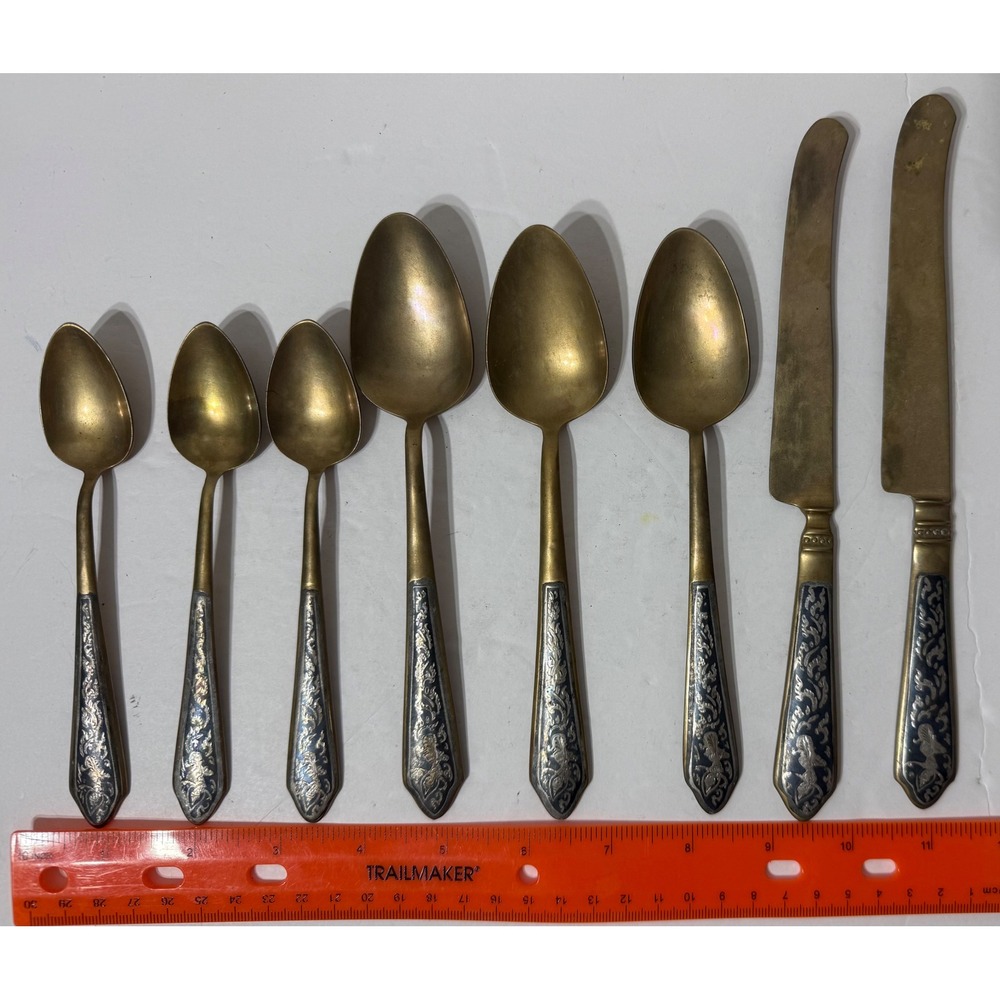 Vintage Thai Bronze Niello Flatware 8pc Set Goddess Design Thailand Diamond R